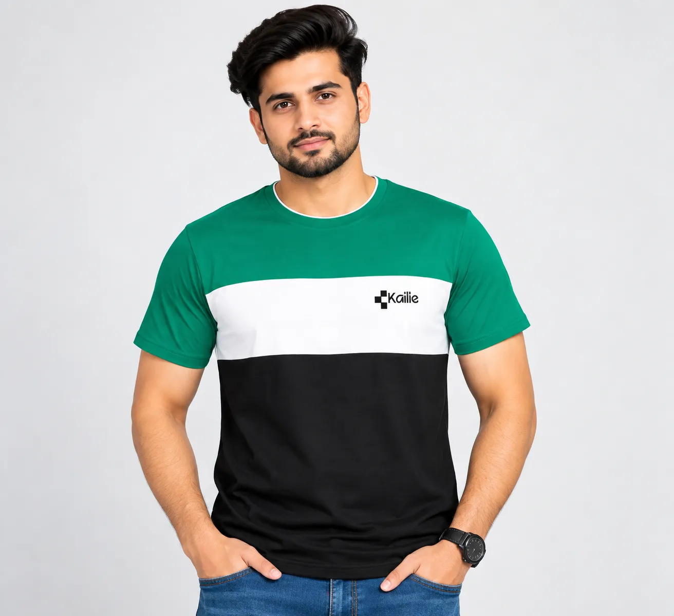 GREEN WHITE &amp; BLACK COLOUR ROUND NECK T SHIRT