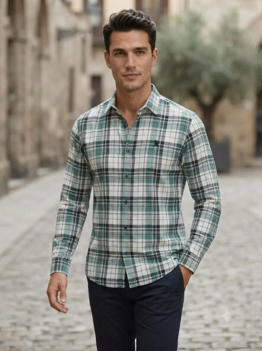 PREMIUM MINT GREEN &amp; WHITE CHECKED FULL SLEEVE SHIRT