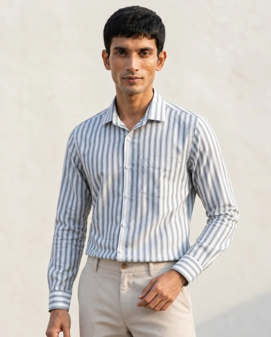 MEN’S PREMIUM BLUE &amp; WHITE STRIPED FULL SLEEVE SHIRT
